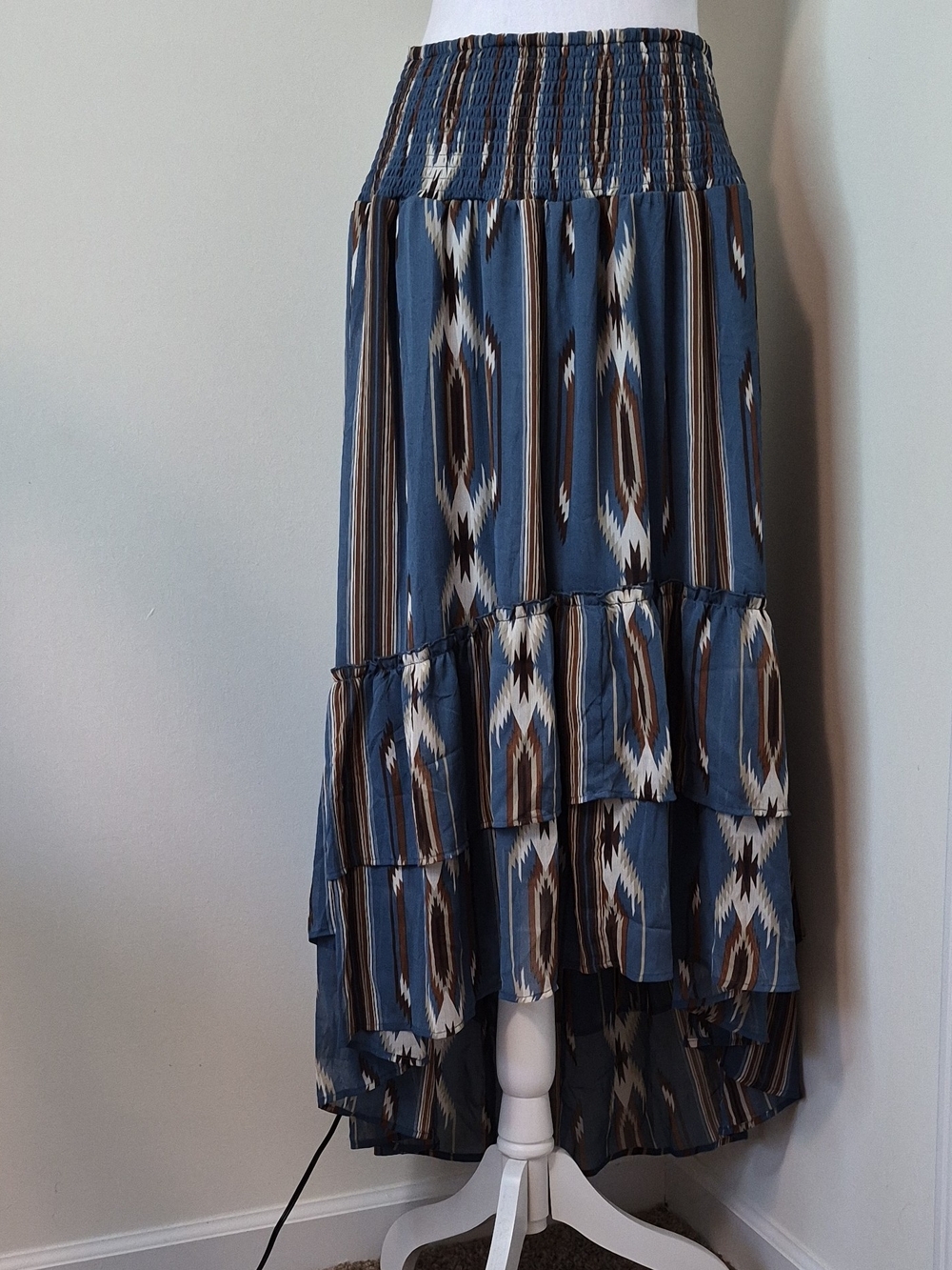 Ariat Women's Blue and Brown Ikat Tiered High-Low Skirt Size L